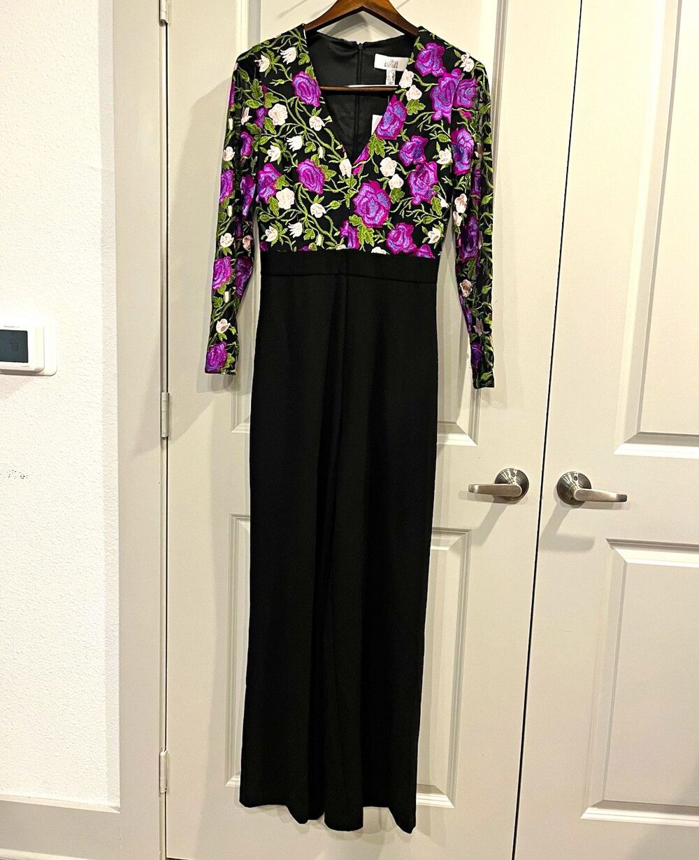 Belle Badgley Mischka Black V-Neck Long Sleeve Floral Embroidered Jumpsuit 0044